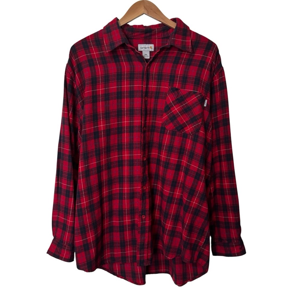 Carhartt Mens XXL Red Black Plaid Flannel Button Up Shirt Long Sleeve Workwear